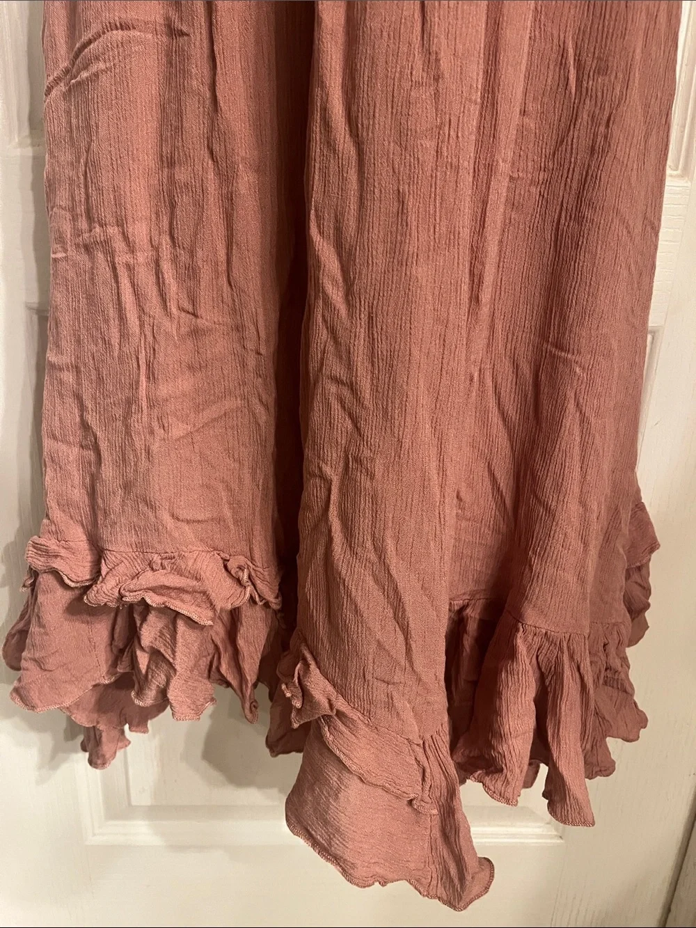 Free People Adella Maxi Slip Dress in a dusty rose color, featuring a crocheted
